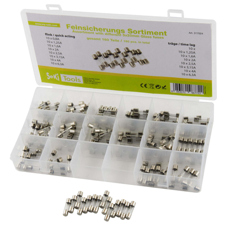 Sortiment Seki Glassicherung 5x20 mm,  flink und träge, 160 Teile