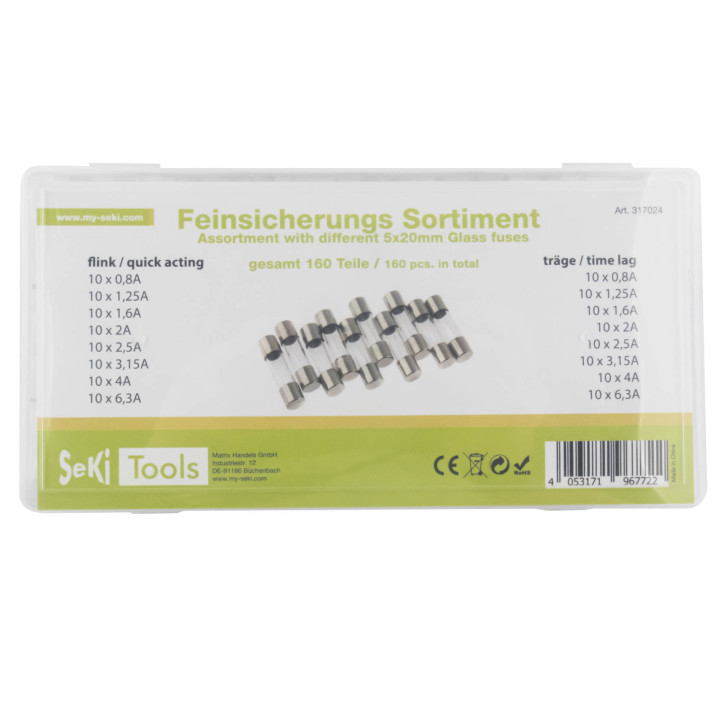 Sortiment Seki Glassicherung 5x20 mm,  flink und träge, 160 Teile