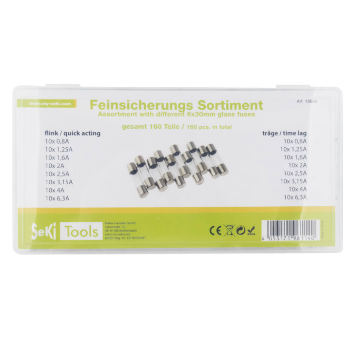Sortiment Seki Glassicherung 6x30 mm,  flink und träge, 160 Teile