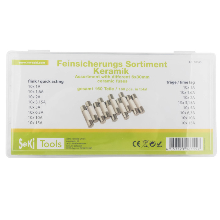 Sortiment Seki Keramiksicherung 6x30 mm,  flink und träge, 160 Teile