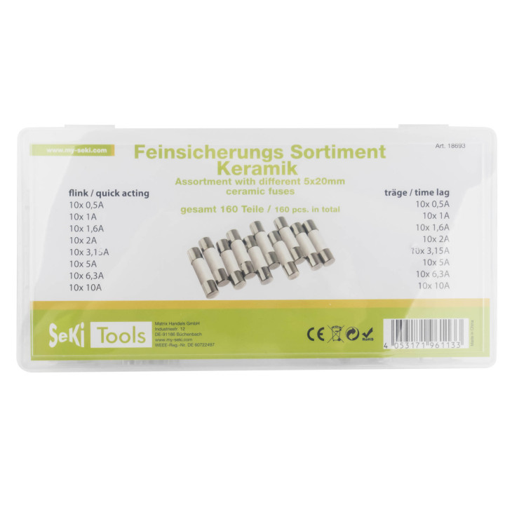 Sortiment Seki Keramiksicherung 5x20 mm, flink und träge, 160 Teile
