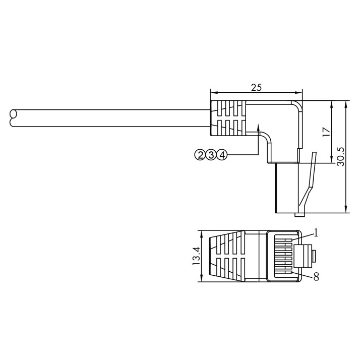 Netzwerkkabel, RJ-45 Stecker - RJ45-Stecker, CAT 8.1, S/FTP, nach oben gewinkelt, für 25/40/50 GBASE Anwendungen, 3,0 m