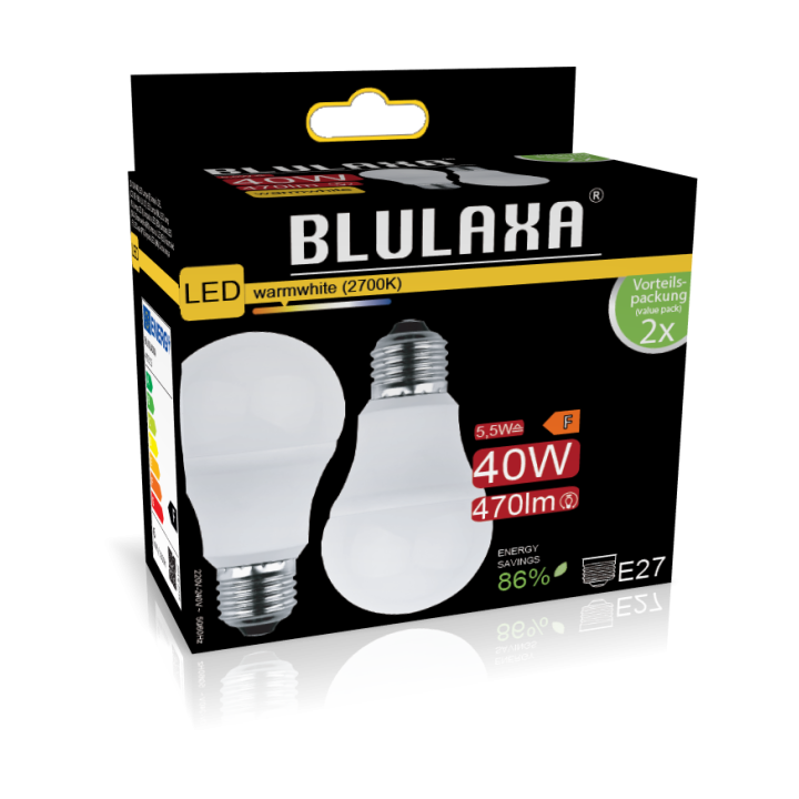 Blulaxa LED SMD Lampe 5.5W/827, Birnenform E27 5.5W 470lm, 2700 K warmweiß, 2er Pack