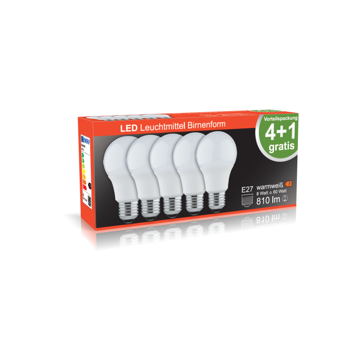 Blulaxa LED SMD Lampe 8W/827, Birnenform E27 8W 810lm, 2700 K warmweiß, 5er Pack