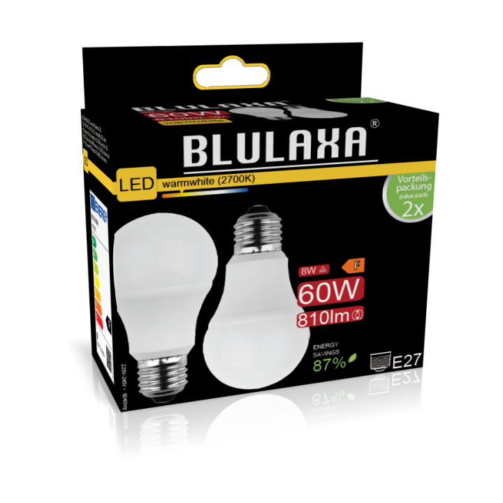 Blulaxa LED SMD Lampe 8W/827, Birnenform E27 8W 810lm, 4000 K kaltweiß, 2er Pack