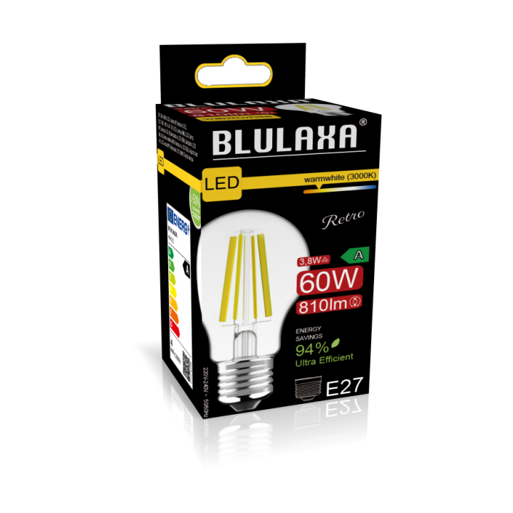 Blulaxa LED Filament Lampe 3.8W/827, Birnenform E27 3,8W 810lm, 2700 K warmweiß