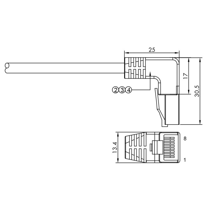 Netzwerkkabel, RJ-45 Stecker - RJ45-Stecker, CAT 8.1, S/FTP, nach unten gewinkelt, für 25/40/50 GBASE Anwendungen, 5,0 m