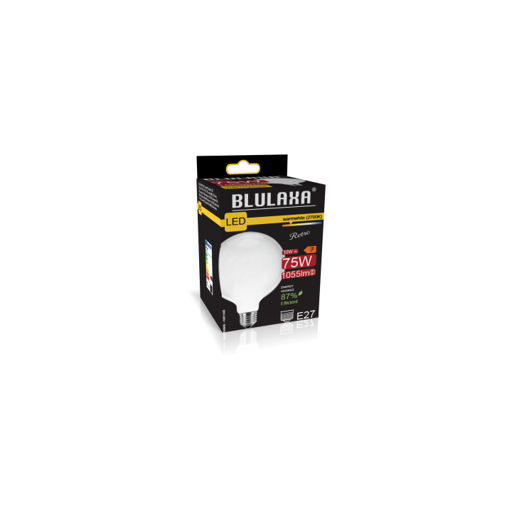 Blulaxa LED Filament Lampe Globeform G125, E27 10W 1055lm, 2700 K warmweiß, opal
