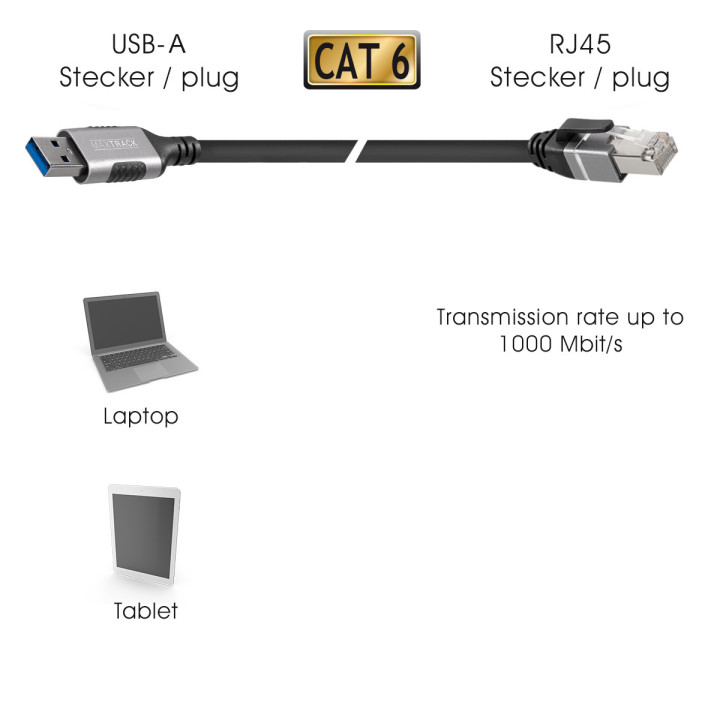 Ethernet-Kabel Cat 6 F/UTP USB A 3.0 auf RJ45, bis zu 1 Gbit/s,  1,0 m