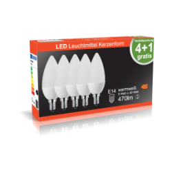 Blulaxa LED Lampe 5W/827, Kerzenform E14, 5W 470lm, 2700 K warmweiß, 5er Pack