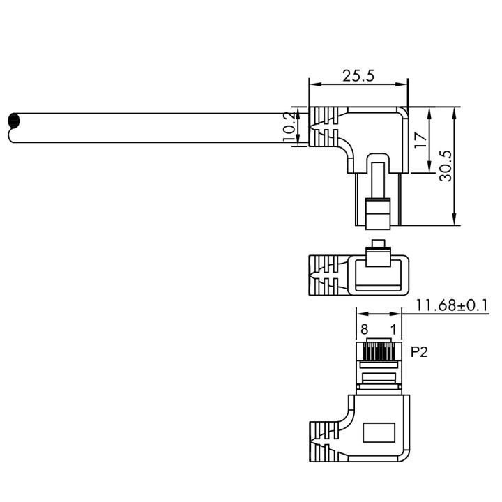Netzwerkkabel, RJ-45 Stecker - RJ45-Stecker, CAT 6A, S/FTP, nach rechts gewinkelt, 2,0 m