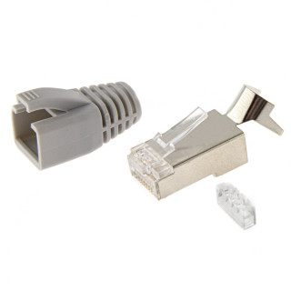 RJ45 Netzwerkstecker mit Zugentlastung, Einführhilfe und Tülle, im 10er Set, grau
