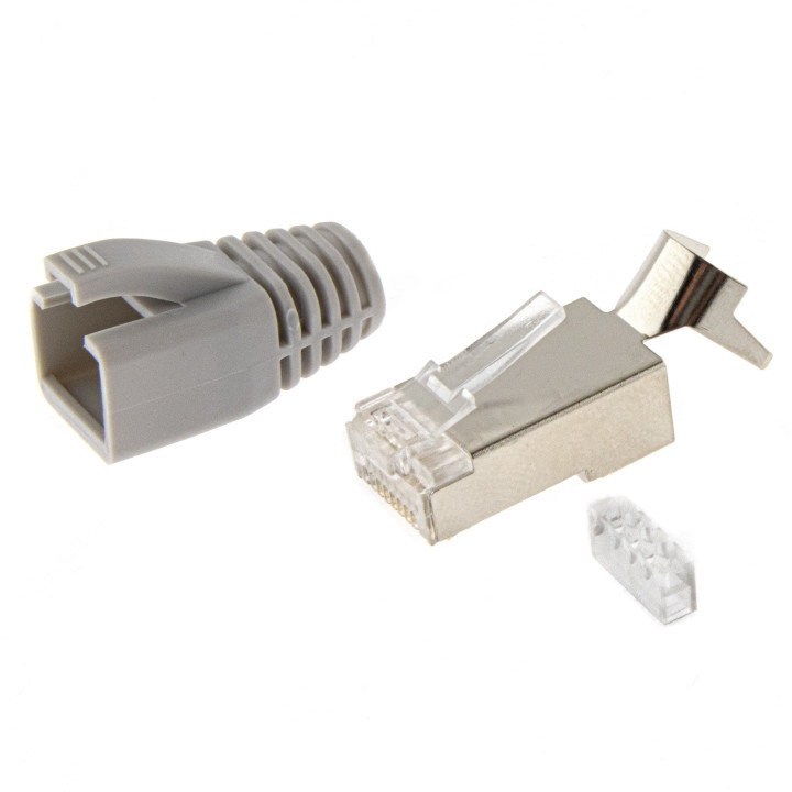 RJ45 Netzwerkstecker mit Zugentlastung, Einführhilfe und Tülle, im 10er Set, grau