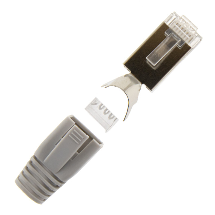 RJ45 Netzwerkstecker mit Zugentlastung, Einführhilfe und Tülle, im 10er Set, grau