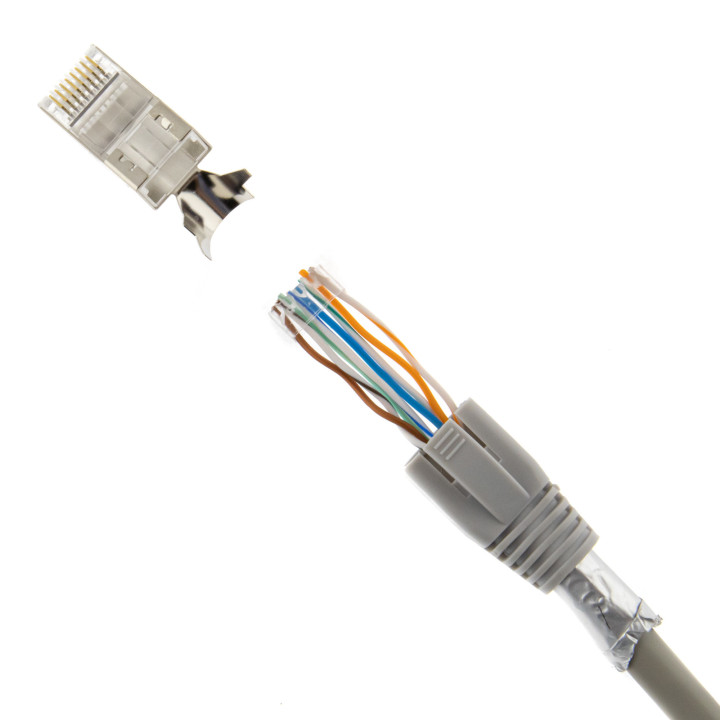 RJ45 Netzwerkstecker mit Zugentlastung, Einführhilfe und Tülle, im 10er Set, grau