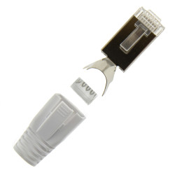 RJ45 Netzwerkstecker mit Zugentlastung, Einführhilfe und Tülle, im 10er Set, weiß