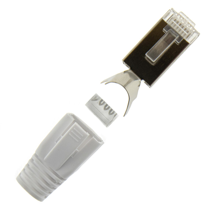 RJ45 Netzwerkstecker mit Zugentlastung, Einführhilfe und Tülle, im 10er Set, weiß