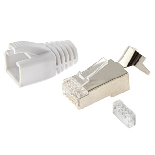 RJ45 Netzwerkstecker mit Zugentlastung, Einführhilfe und Tülle, im 10er Set, weiß
