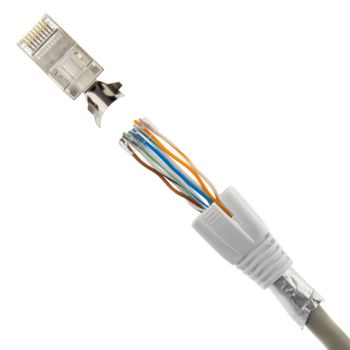 RJ45 Netzwerkstecker mit Zugentlastung, Einführhilfe und Tülle, im 10er Set, weiß