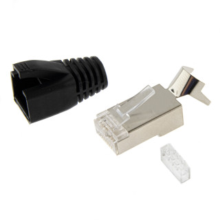 RJ45 Netzwerkstecker mit Zugentlastung, Einführhilfe und Tülle, im 10er Set, schwarz
