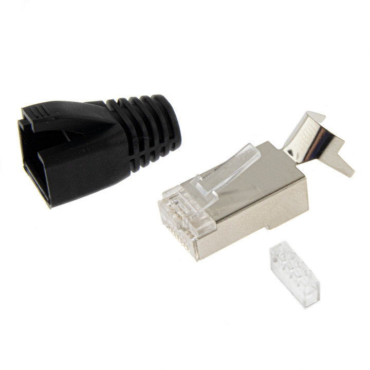 RJ45 Netzwerkstecker mit Zugentlastung, Einführhilfe und Tülle, im 10er Set, schwarz