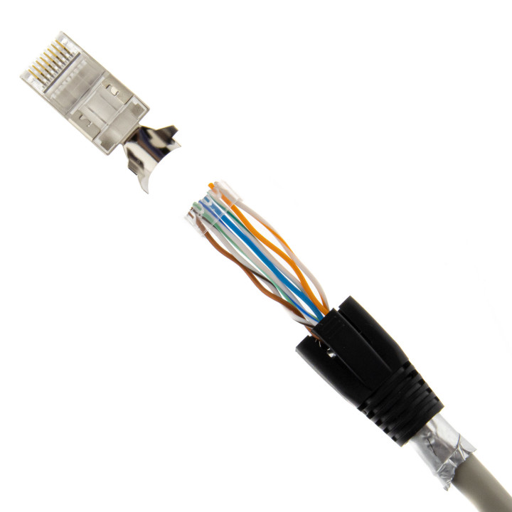 RJ45 Netzwerkstecker mit Zugentlastung, Einführhilfe und Tülle, im 10er Set, schwarz
