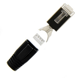 RJ45 Netzwerkstecker mit Zugentlastung, Einführhilfe und Tülle, im 10er Set, schwarz