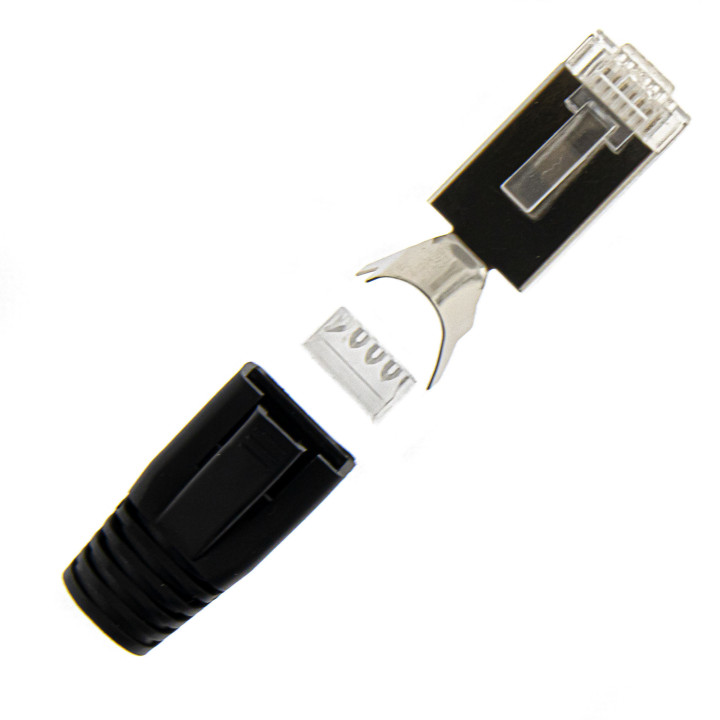 RJ45 Netzwerkstecker mit Zugentlastung, Einführhilfe und Tülle, im 10er Set, schwarz