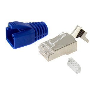 RJ45 Netzwerkstecker mit Zugentlastung, Einführhilfe und Tülle, im 10er Set, blau