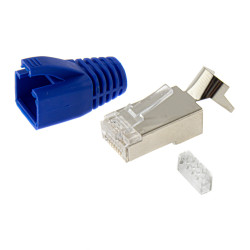RJ45 Netzwerkstecker mit Zugentlastung, Einführhilfe und Tülle, im 10er Set, blau