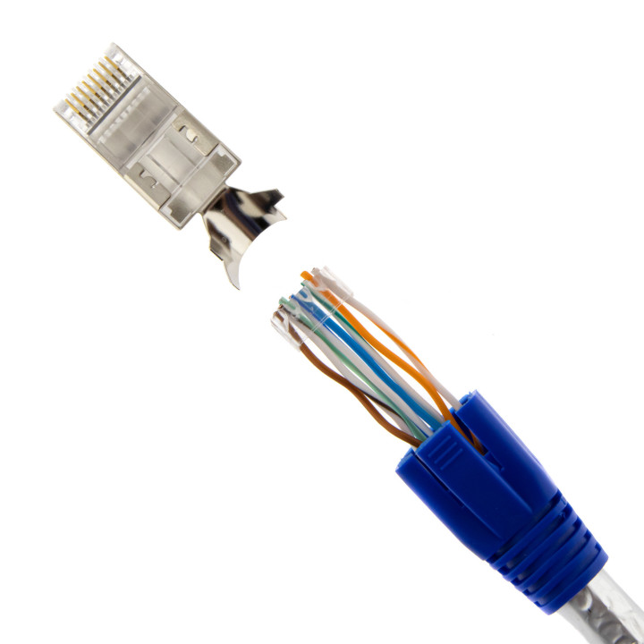 RJ45 Netzwerkstecker mit Zugentlastung, Einführhilfe und Tülle, im 10er Set, blau