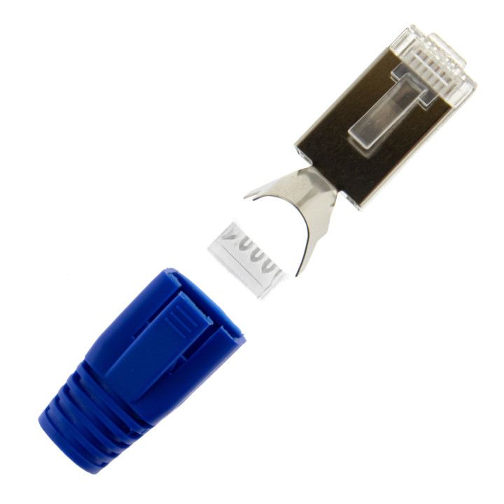 RJ45 Netzwerkstecker mit Zugentlastung, Einführhilfe und Tülle, im 10er Set, blau