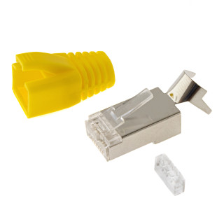RJ45 Netzwerkstecker mit Zugentlastung, Einführhilfe und Tülle, im 10er Set, gelb