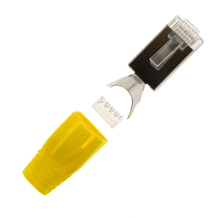 RJ45 Netzwerkstecker mit Zugentlastung, Einführhilfe und Tülle, im 10er Set, gelb