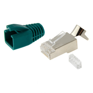 RJ45 Netzwerkstecker mit Zugentlastung, Einführhilfe und Tülle, im 10er Set, grün