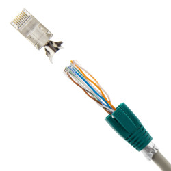 RJ45 Netzwerkstecker mit Zugentlastung, Einführhilfe und Tülle, im 10er Set, grün