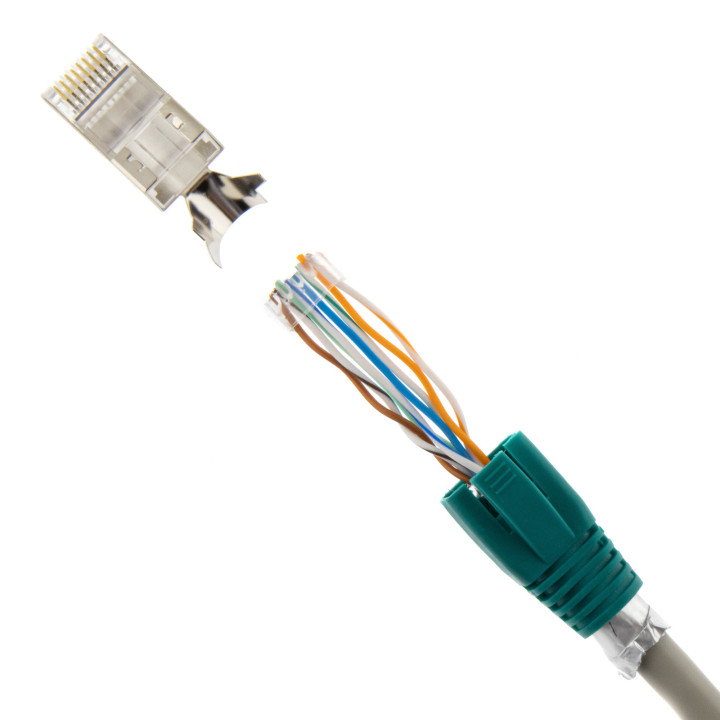RJ45 Netzwerkstecker mit Zugentlastung, Einführhilfe und Tülle, im 10er Set, grün
