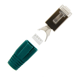 RJ45 Netzwerkstecker mit Zugentlastung, Einführhilfe und Tülle, im 10er Set, grün