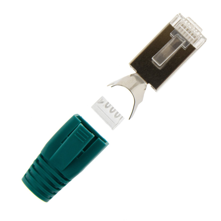 RJ45 Netzwerkstecker mit Zugentlastung, Einführhilfe und Tülle, im 10er Set, grün