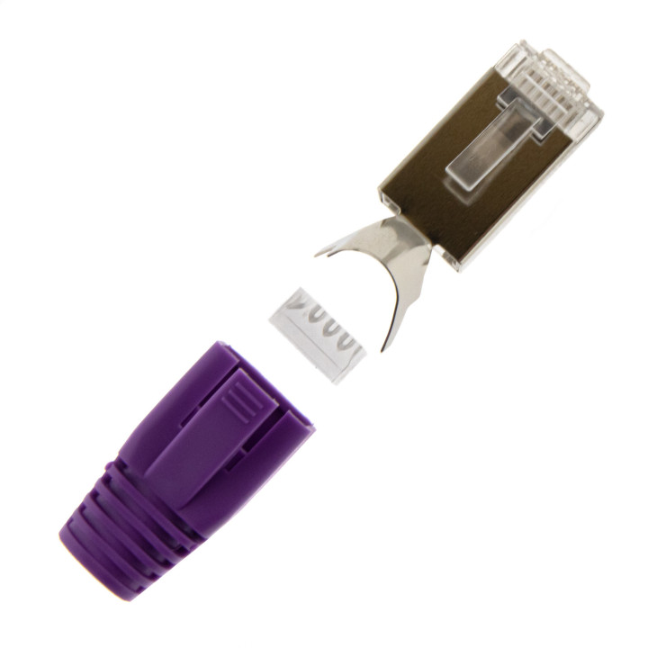 RJ45 Netzwerkstecker mit Zugentlastung, Einführhilfe und Tülle, im 10er Set, lila