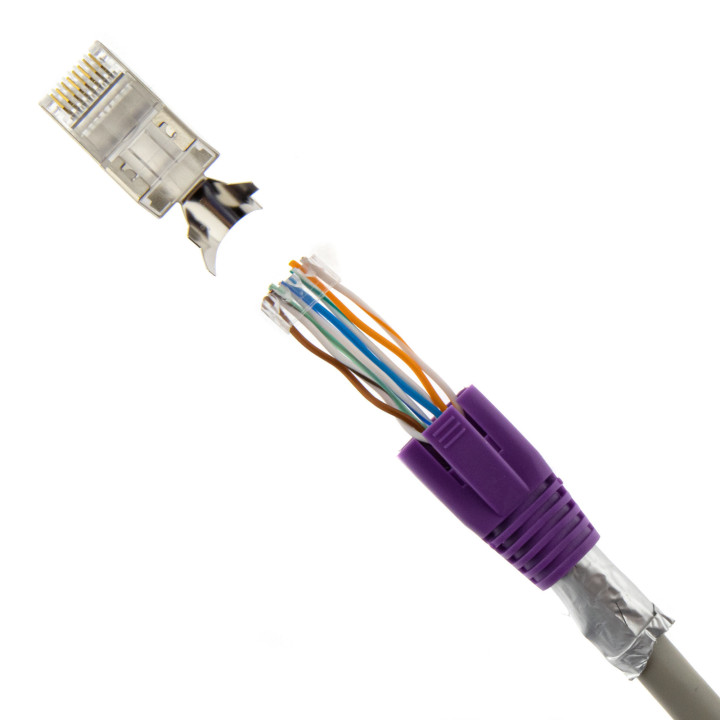 RJ45 Netzwerkstecker mit Zugentlastung, Einführhilfe und Tülle, im 10er Set, lila