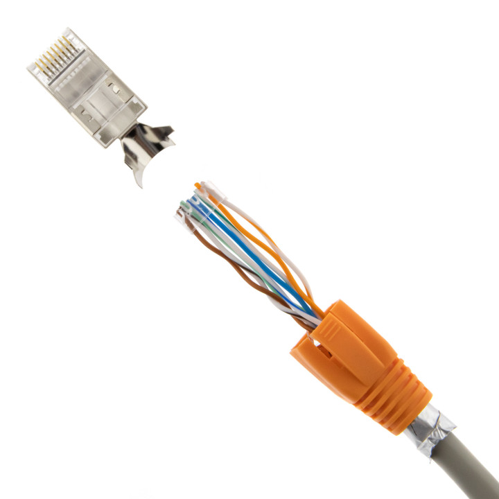 RJ45 Netzwerkstecker mit Zugentlastung, Einführhilfe und Tülle, im 10er Set, orange