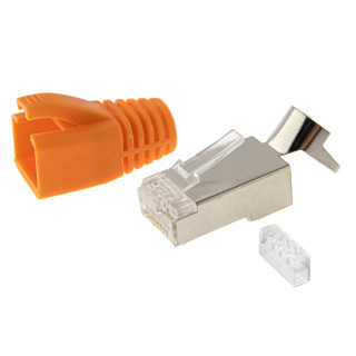 RJ45 Netzwerkstecker mit Zugentlastung, Einführhilfe und Tülle, im 10er Set, orange