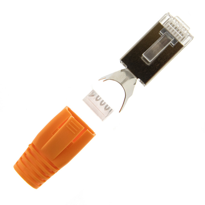 RJ45 Netzwerkstecker mit Zugentlastung, Einführhilfe und Tülle, im 10er Set, orange