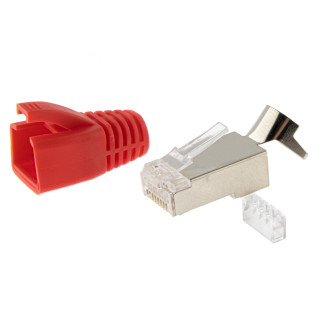 RJ45 Netzwerkstecker mit Zugentlastung, Einführhilfe und Tülle, im 10er Set, rot