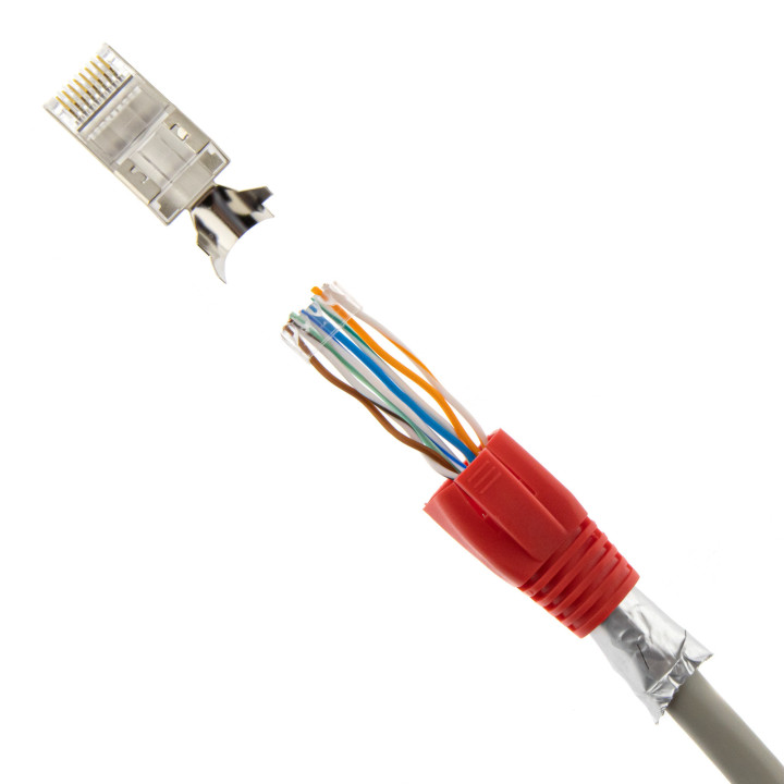 RJ45 Netzwerkstecker mit Zugentlastung, Einführhilfe und Tülle, im 10er Set, rot