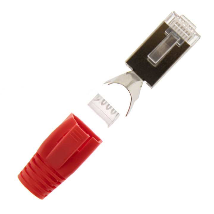 RJ45 Netzwerkstecker mit Zugentlastung, Einführhilfe und Tülle, im 10er Set, rot