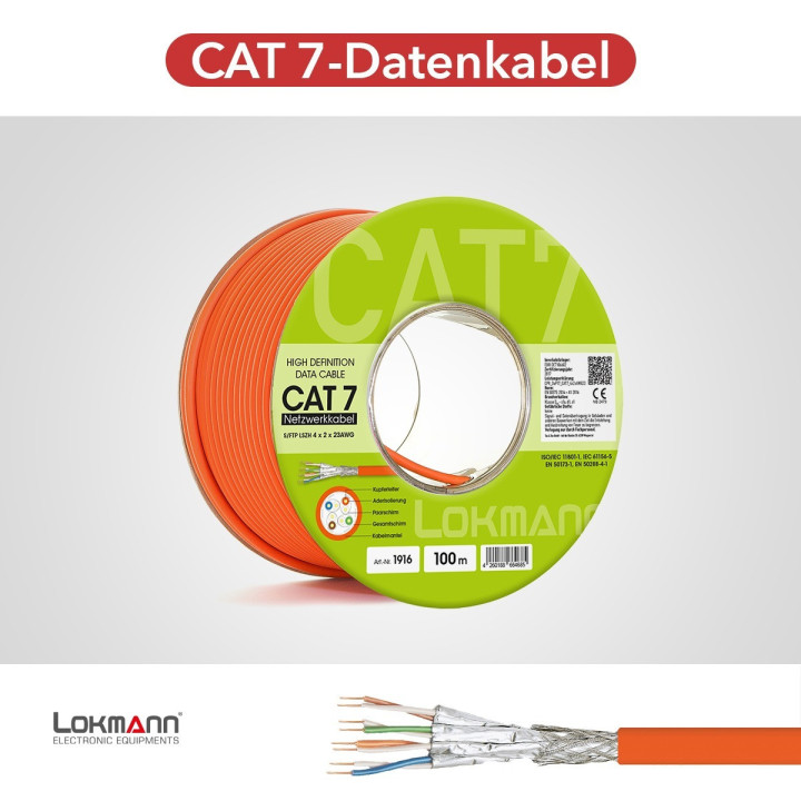 LOKMANN 1000MHz Cat7-Netzwerkabel, AWG23,S/FTP, orange, 25m Rolle
