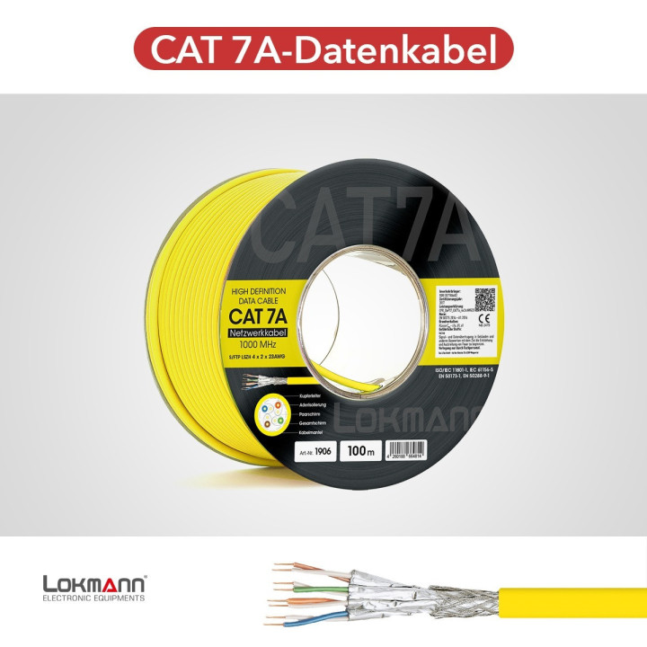 LOKMANN 1200MHz Cat7A-Netzwerkabel, AWG23,S/FTP, gelb, 100 Rolle