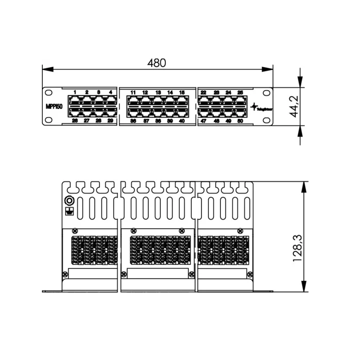 Telegärtner 100007041, 19" Panel Panel ISDN/TEL, 1HE MPPI50-H, Cat.3, ungeschirmt